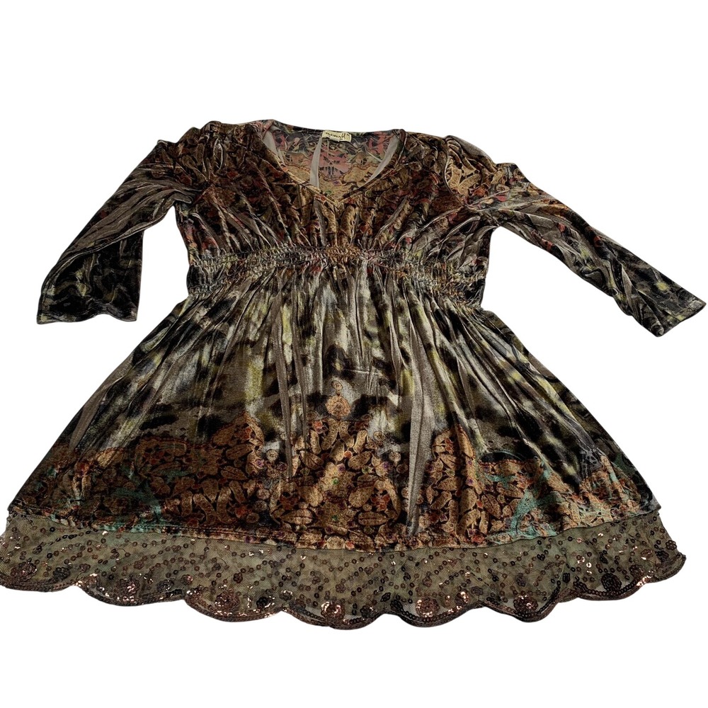 One World Y2K Velvet Lace Sequins Empire Top Woman Medium Scallop Hem Boho‎ Goth